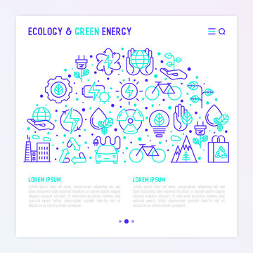 Ecology and green energy concept in half circle with thin bicolor line icons for environmental, recycling, renewable energy, nature. Vector illustration for banner, web page, print media.