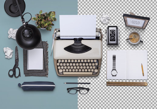 Vintage Typerwriters with Travel and Desk Accessories Mockup 1