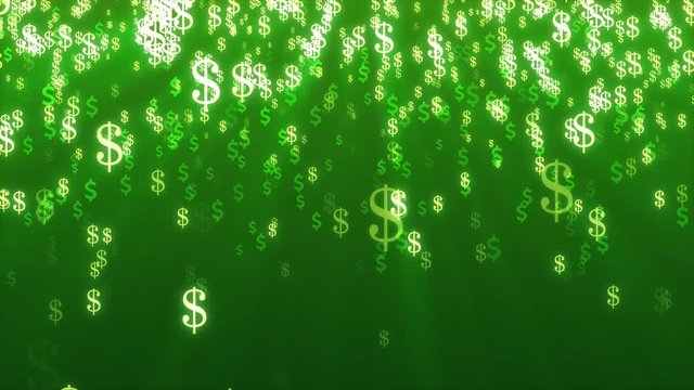 Animation of multi color Dollar Signs Falling on green background.
