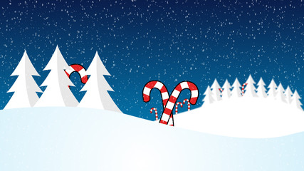 Fototapeta na wymiar Christmas snowscape with candy canes and trees with room for text graphics and logos