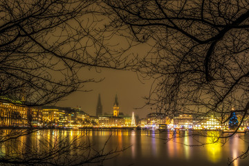 Illuminated Hamburg Christmas Market with town hall