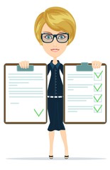 Young business woman checking on checklist box. white background.