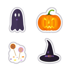 Happy Halloween patch badges with ghost, pumpkin, bat, cat, candy