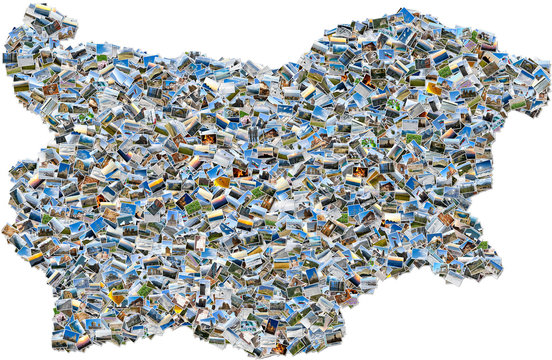 Photo collage of travel photos - mosaic map of Bulgaria