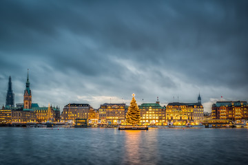 Christmas Market with Christmas Tree on Alster in Hamburg
