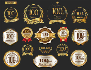 Anniversary golden laurel wreath and badges 100 years vector collection