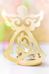 Shiny Golden Christmas Angel Candle Holder Burning Flame Confetti Lights Flare Greeting Card Template Copy Space Magical Atmosphere