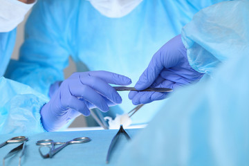 Close-up of medical team performing operation. Group of surgeons at work are busy of patient. Medicine, veterinary or healthcare and emergency in hospital