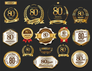 Anniversary golden laurel wreath and badges 80 years vector collection
