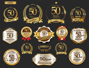 Anniversary golden laurel wreath and badges 50 years vector collection - obrazy, fototapety, plakaty