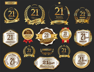 Anniversary golden laurel wreath and badges 21 years vector collection - obrazy, fototapety, plakaty