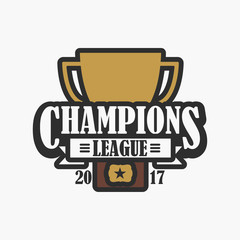 Champion league, sports logo. Design of emblem with trophy cup. Vector illustration.