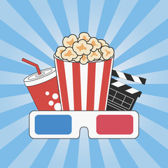 Cinema concept. Movie time. Poster design with popcorn, 3d glasses, soda cup and clapper board. Banner template with blue sunray background. Vector illustration.