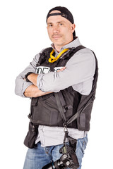 Fototapeta premium military press photographer with a professional camera.