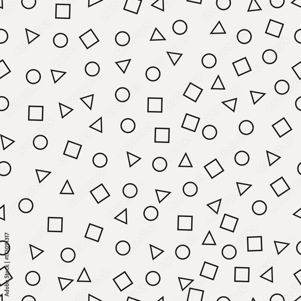 Poster Memphis seamless pattern. Abstract retro background with circle, square, triangle. Geometric backdrop for textile products. Vector illustration.