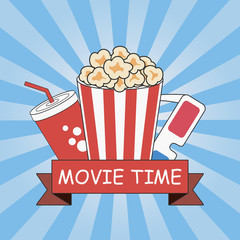 Cinema. Movie time. Poster design with popcorn, 3d glasses, soda cup and ribbon. Banner template with blue sunray background. Vector illustration.