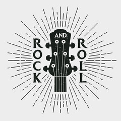 Rock music print, rock and roll stamp with guitar. Label in vintage hipster style. Graphic design for clothes, t-shirt, apparel. Vector illustration.