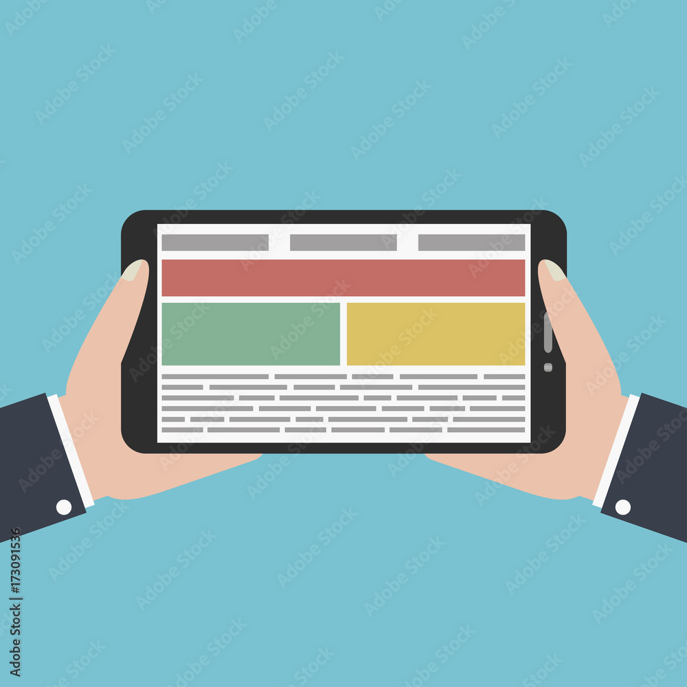 Poster hands holds digital tablet. flat design concept for web banners, web sites. vector illustration.