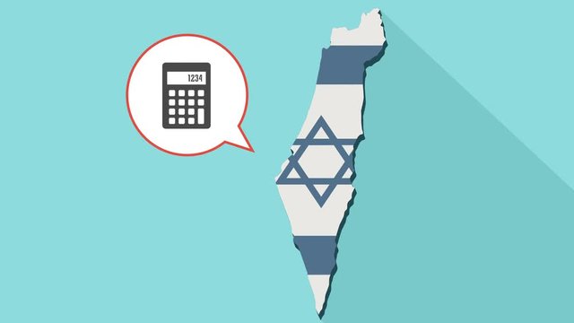 Animation of a long shadow Israel map with its flag and a comic balloon with a calculator