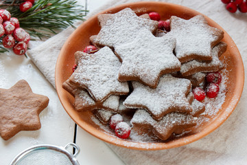 Traditional Christmas gingerbread cookies, stars in powdered sugar on the plate. Berries of red Rowan branch spruce.