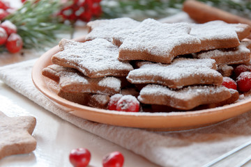 Traditional Christmas gingerbread cookies, stars in powdered sugar on the plate. Berries of red Rowan branch spruce.