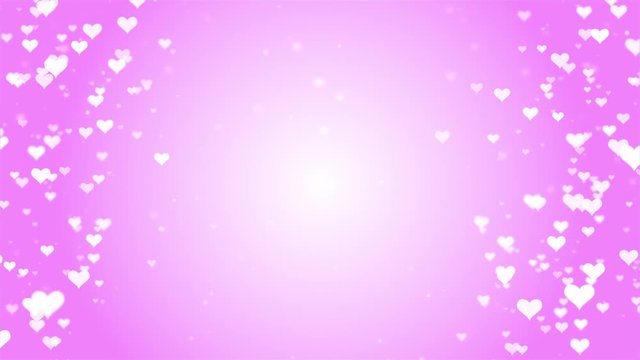 spinning glowing love heart shapes particles with pink background.
