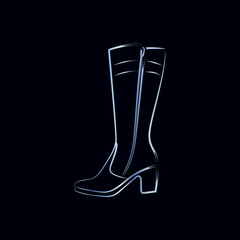 Women's boots with high leg. The white pattern on a black background. Vector.