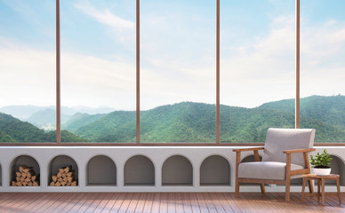 Modern living room with mountain view 3d rendering image. There are wood floor.Furnished with fabric and wooden furniture. There are large window overlooking the surrounding nature and mountain
