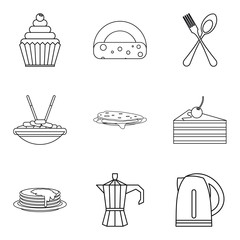 Lunch in dining room icons set, outline style