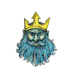 Neptune Trident Crown Head  Woodcut © Redwater Vectors