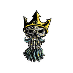 Skull of Neptune Trident Crown Head  Woodcut © Redwater Vectors