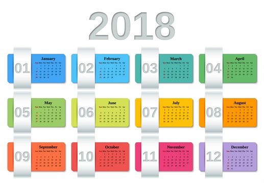 Calendar 2018 year. Week starts Sunday. Vector. Colorful design stationery template on white background. Yearly calendar organizer. 