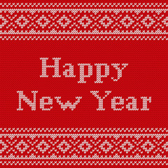 Knitting seamless pattern. Knit design. Vector. Knitted winter texture with text Happy New year. Red background.