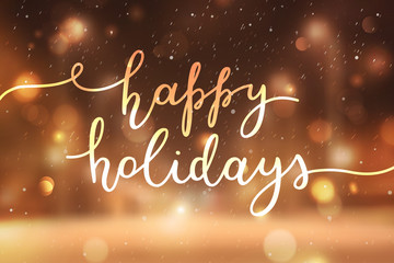 happy holidays lettering, vector handwritten text on blurred background of winter street - 173101732