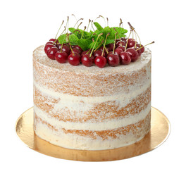 Delicious cherry cake on white background