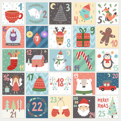 Christmas advent calendar. Winter holidays poster with cute rabbit, fox, owl, bear, deer and Santa. Vector illustration