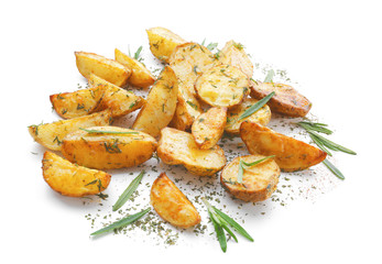 Delicious baked potatoes with rosemary, isolated on white