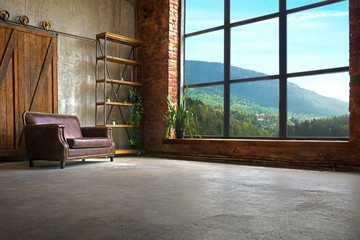 Large Loft Interior With Mountains In The Window