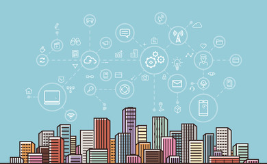 Internet communication, network, digital technology concept. Modern city background. Vector illustration