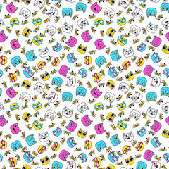 Abstract seamless pattern for girls, boys, clothes. Creative vector background with cat, glasses, eyes, mustache.Funny wallpaper for textile and fabric. Fashion style. Colorful bright.