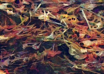 Autumn forest cover. Fallen leaves and spruce needles. Painted on canvas watercolor and oil artwork. Good for printed picture, postcard, posters and wallpapers. Can be use as colorful artistic texture