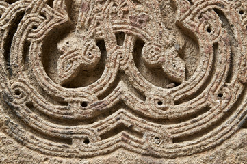  Fragment of ornament of sacred armenian cross-stone Khachkar in the ancient monastery Geghard close up           