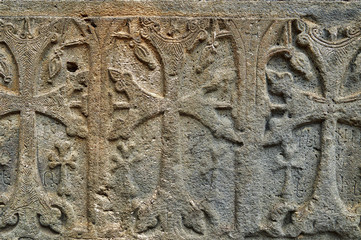 Sacred armenian cross stones khachkars ingraved on the wall