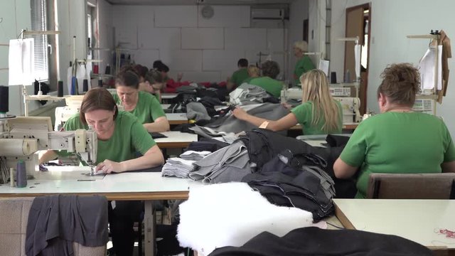 Group of female tailors sitting and using sewing machines to stitching clothes in workshop, wide angle view, young and mature women tailoring in clothing factory, interior scene