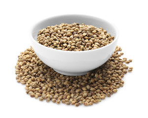 Bowl with hemp seeds on white background
