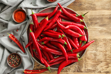 Plate with red chili peppers on wooden table