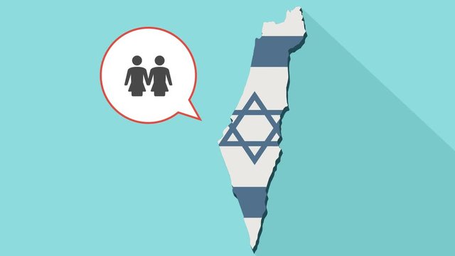 Animation of a long shadow Israel map with its flag and a comic balloon with a lesbian couple pictogram