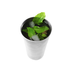 Metal glass with mint julep on white background