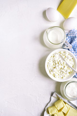 Assortment of dairy products.Top view with copy space.