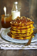 Pumpkin pancakes with homemade caramel sauce.
